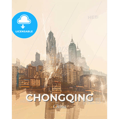 Chongqing Skyline Double Exposure Composite Poster - Lingaraja Temple with many tall buildings - Square format print template