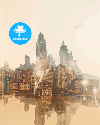 Chongqing Skyline Double Exposure Composite Poster - Lingaraja Temple with many tall buildings