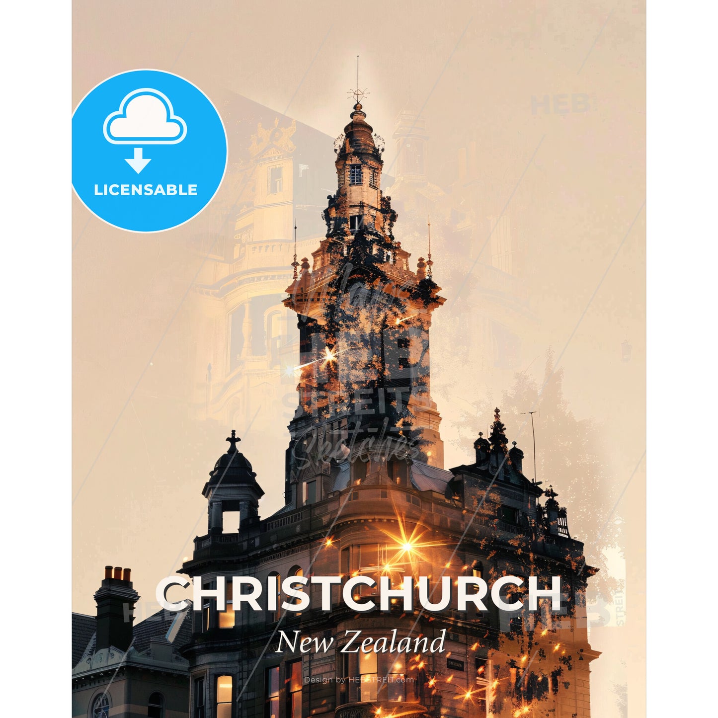 Christchurch Skyline Cityscape Composite Art Poster - A building with a tower - Square format print template