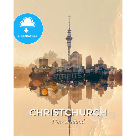 Christchurch City Skyline Sparkles Double Exposure - A city with a tall tower - Square format print template