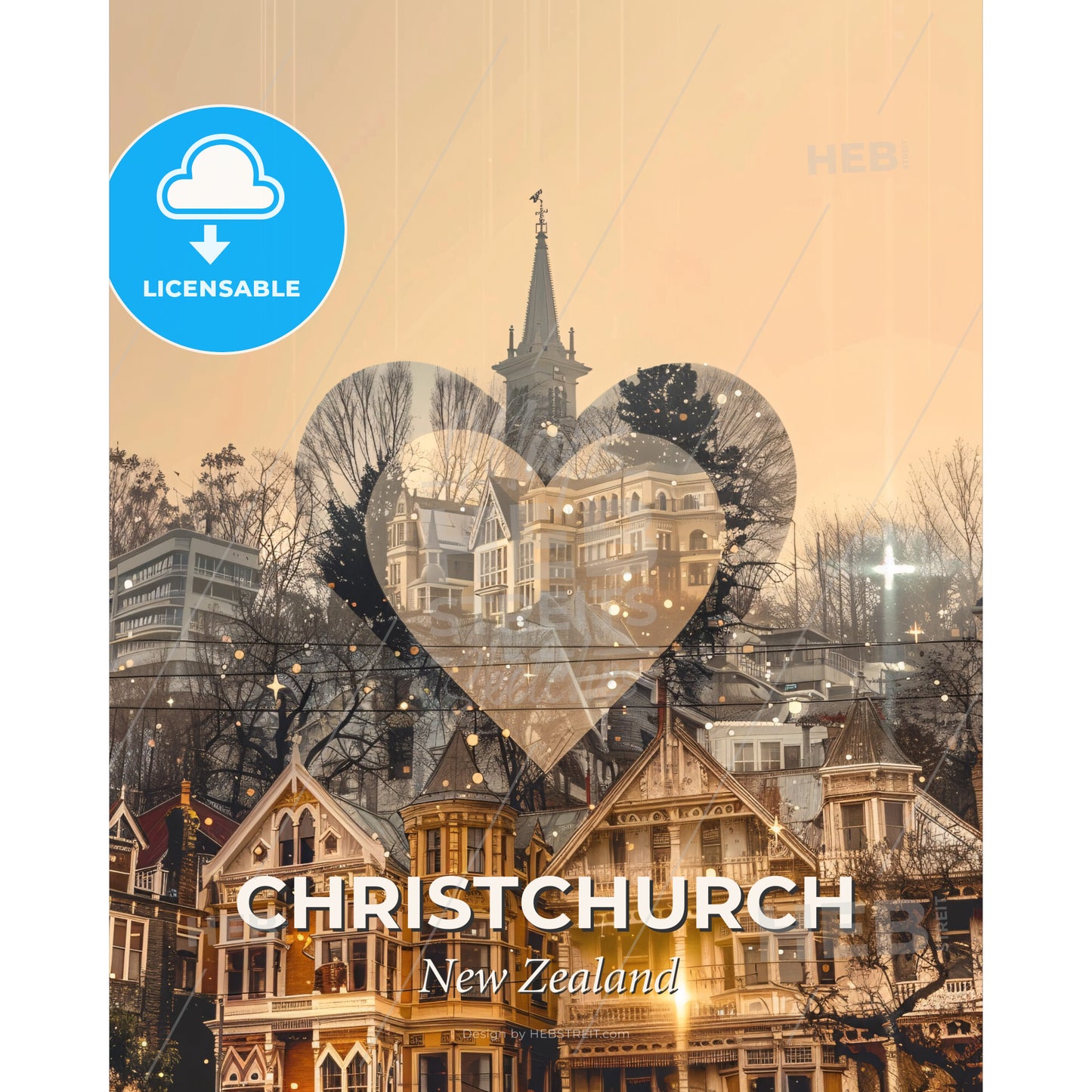 Christchurch Double Exposure City Skyline Poster - A heart shaped heart over a city - Square format print template