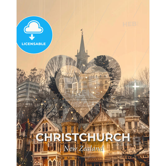 Christchurch Double Exposure City Skyline Poster - A heart shaped heart over a city - Square format print template