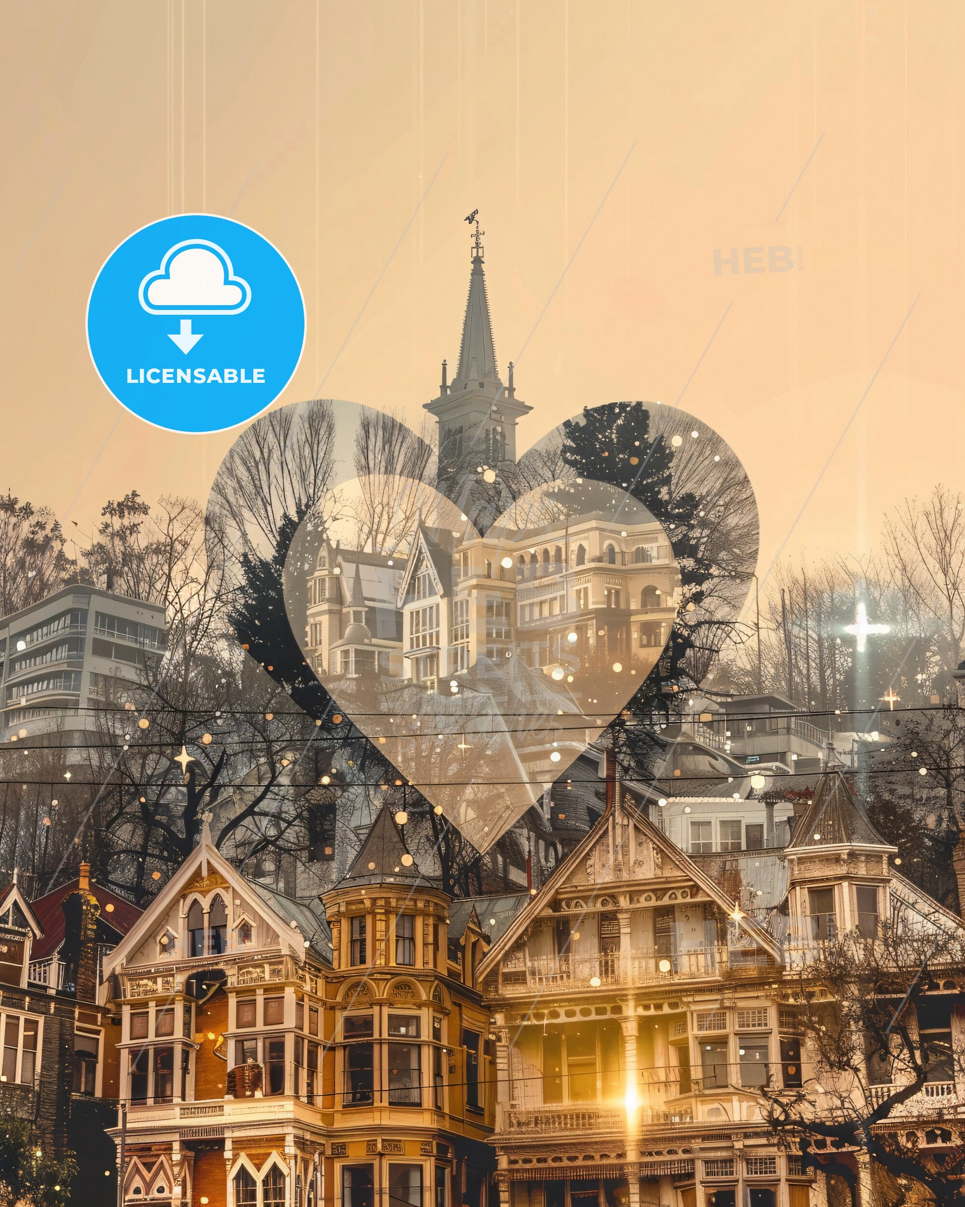 Christchurch Double Exposure City Skyline Poster - A heart shaped heart over a city