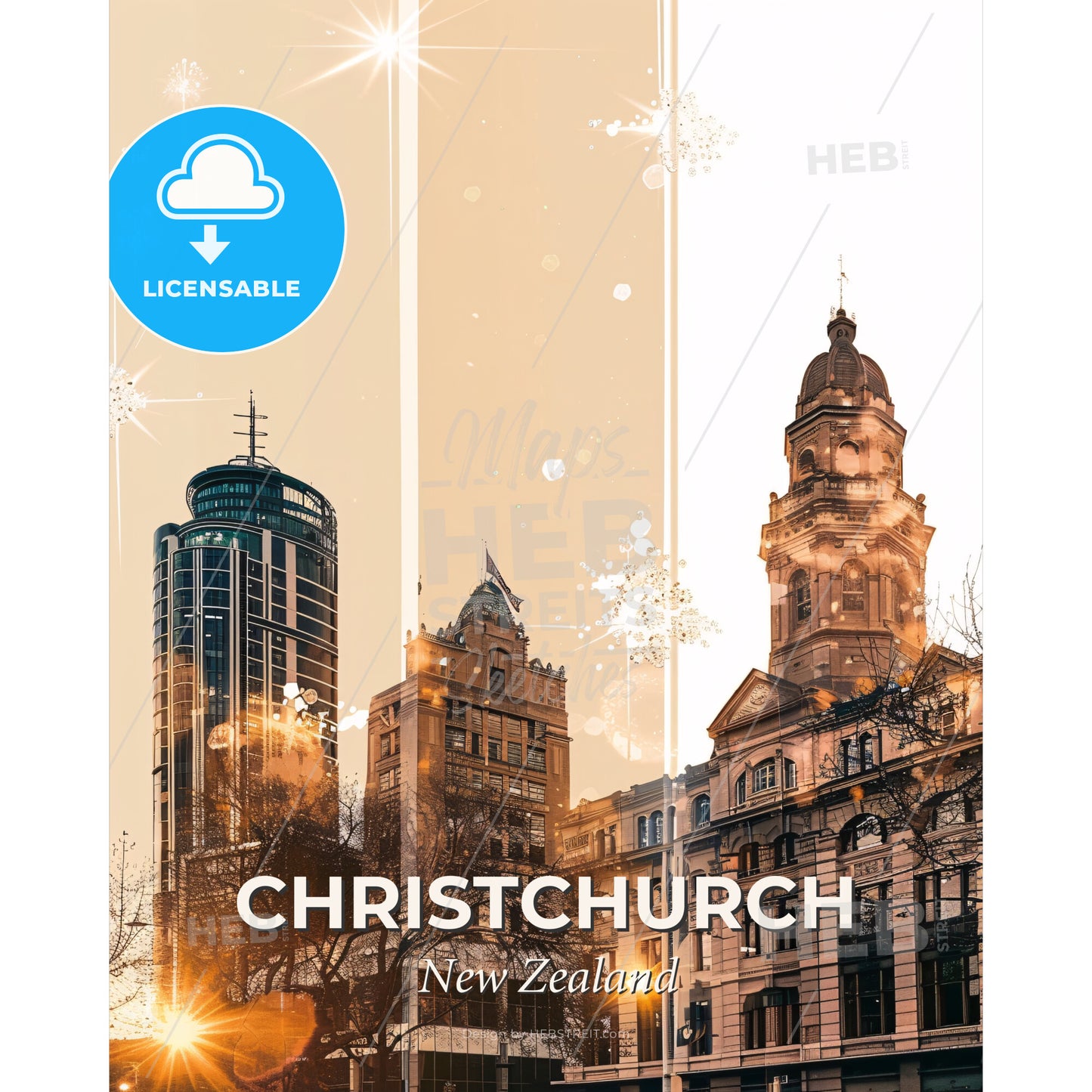 Christchurch Skyline Double Exposure Art Poster - A group of buildings with a tower - Square format print template