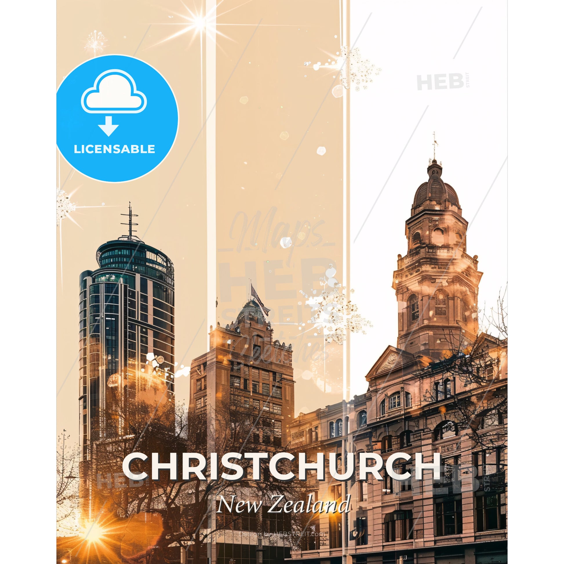 Christchurch Skyline Double Exposure Art Poster - A group of buildings with a tower - Square format print template