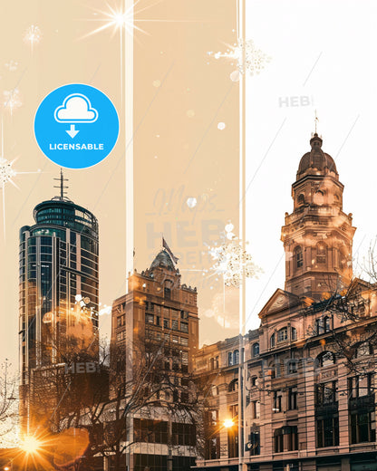 Christchurch Skyline Double Exposure Art Poster - A group of buildings with a tower