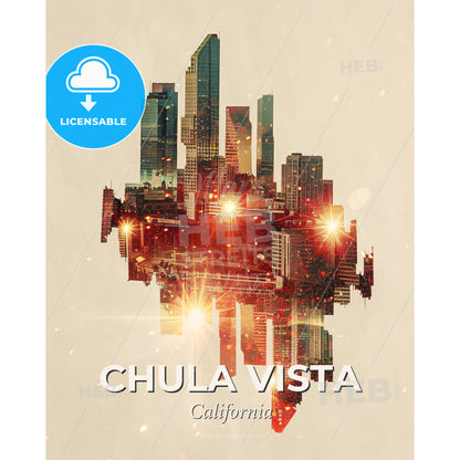 Chula Vista Cityscape Sparkle Composite Art Print - A city skyline with lights - Square format print template