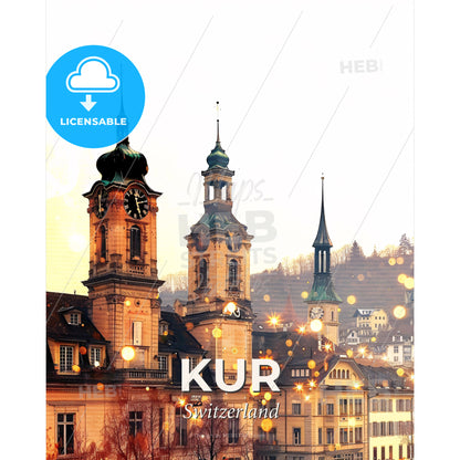 Chur City Skyline Architecture Double Exposure Poster - A building with a clock tower - Square format print template