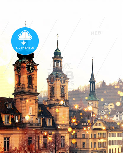 Chur City Skyline Architecture Double Exposure Poster - A building with a clock tower