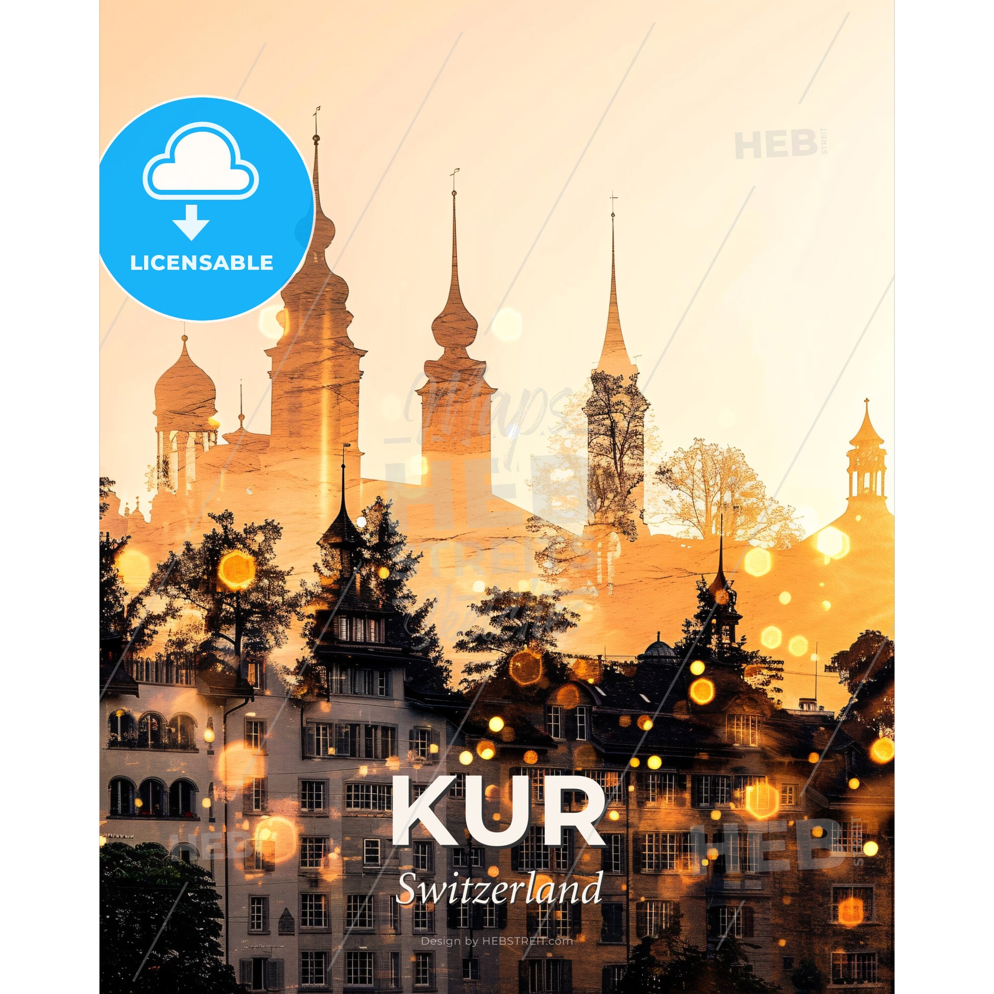 Chur City Skyline Composite Art Poster - A group of buildings with towers - Square format print template