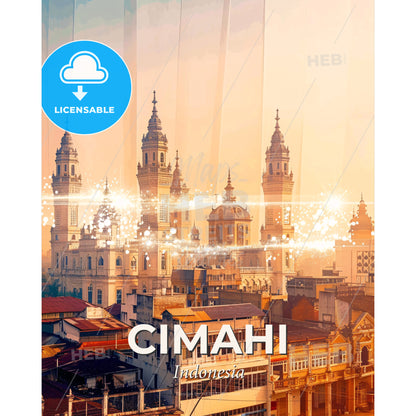 Cimahi Skyline Double Exposure Art Composite Poster - A large building with towers and a city skyline - Square format print template