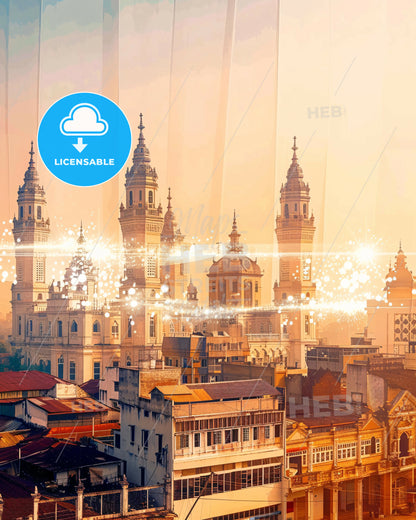 Cimahi Skyline Double Exposure Art Composite Poster - A large building with towers and a city skyline