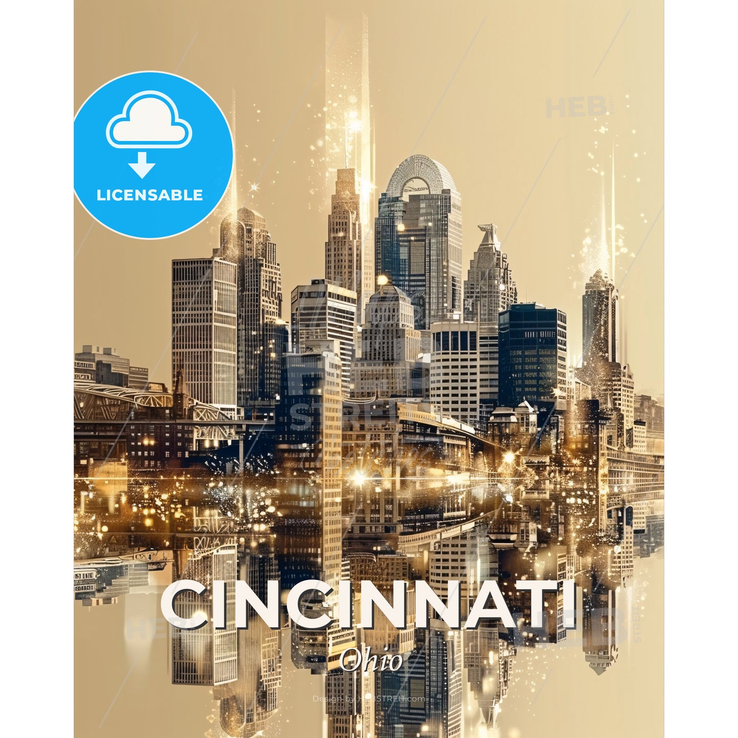 Cincinnati's Skyline Composite Art Glow - A city skyline with lights reflecting in water - Square format print template