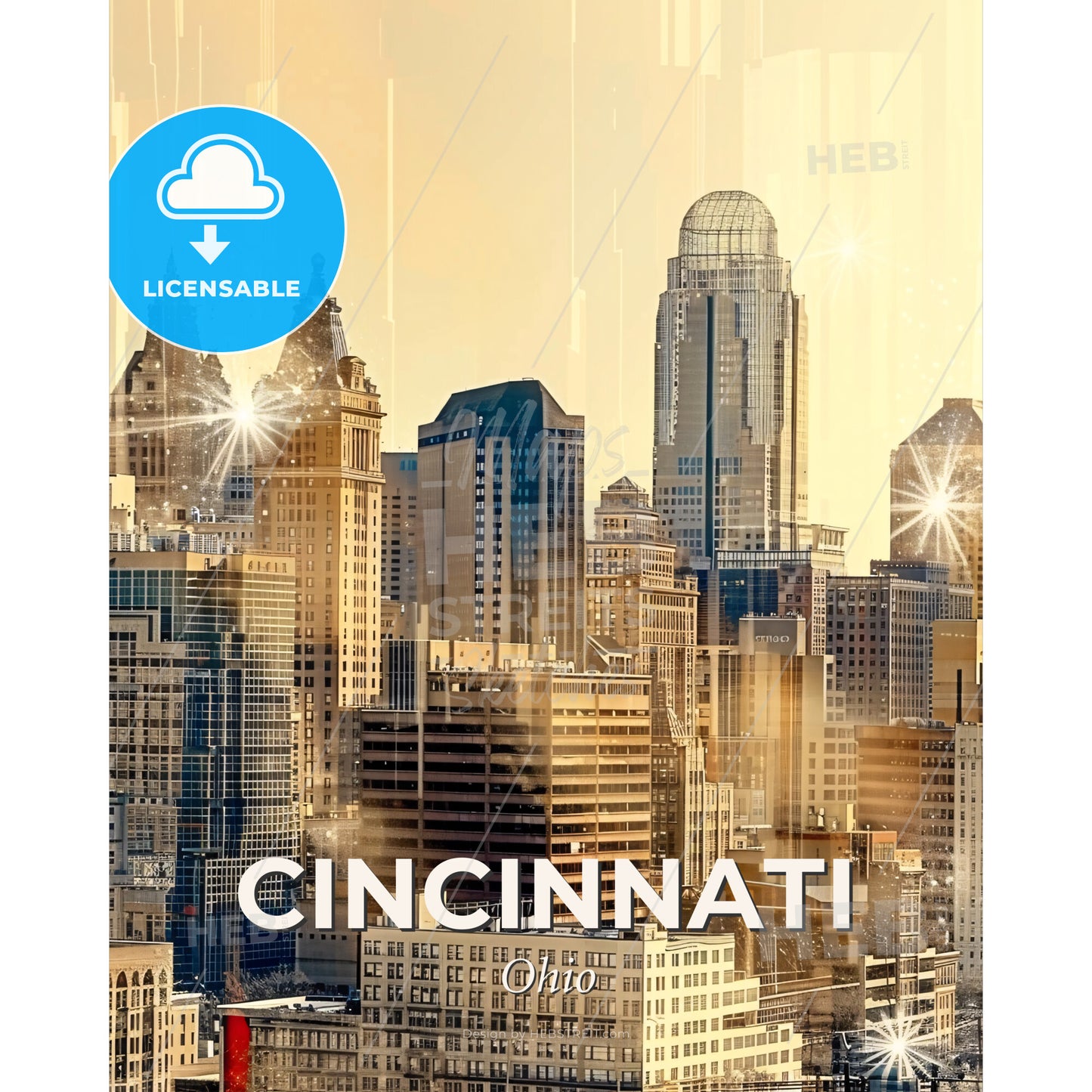 Cincinnati Skyline Double Exposure Art Poster - A city skyline with many tall buildings - Square format print template