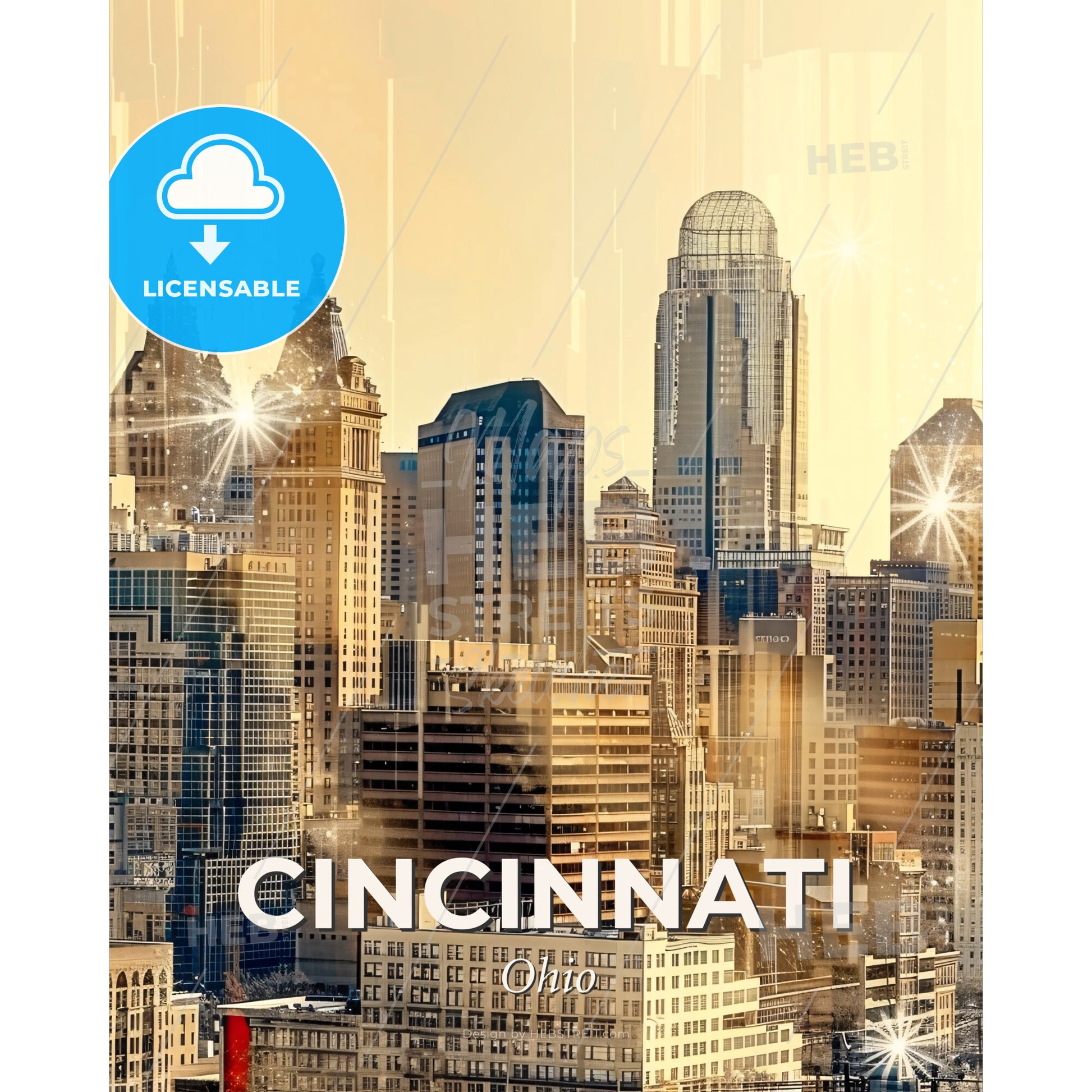 Cincinnati Skyline Double Exposure Art Poster - A city skyline with many tall buildings - Square format print template