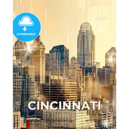 Cincinnati Skyline Double Exposure Art Poster - A city skyline with many tall buildings - Square format print template