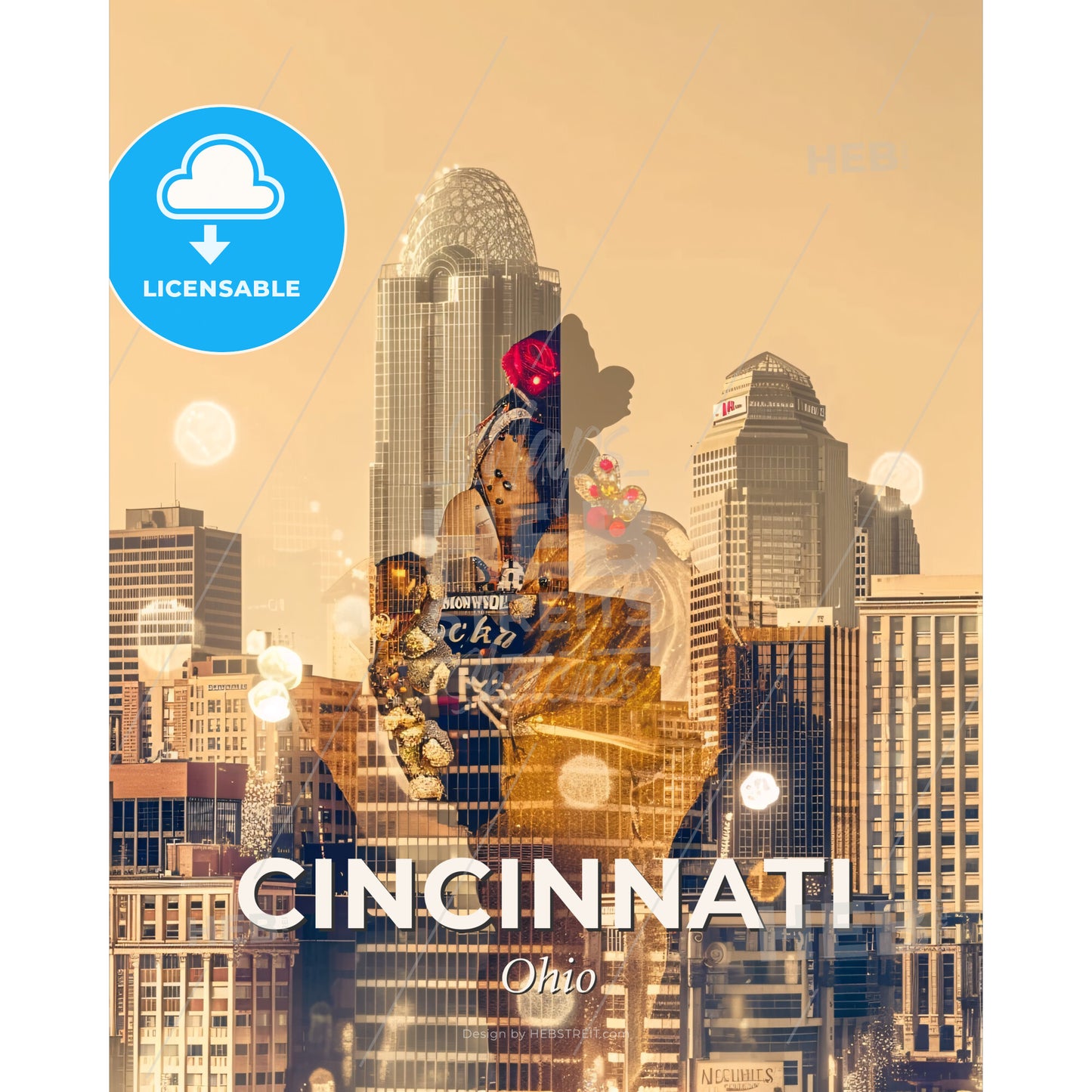 Cincinnati Skyline Double Exposure Cityscape Artwork - A city with a statue and buildings - Square format print template