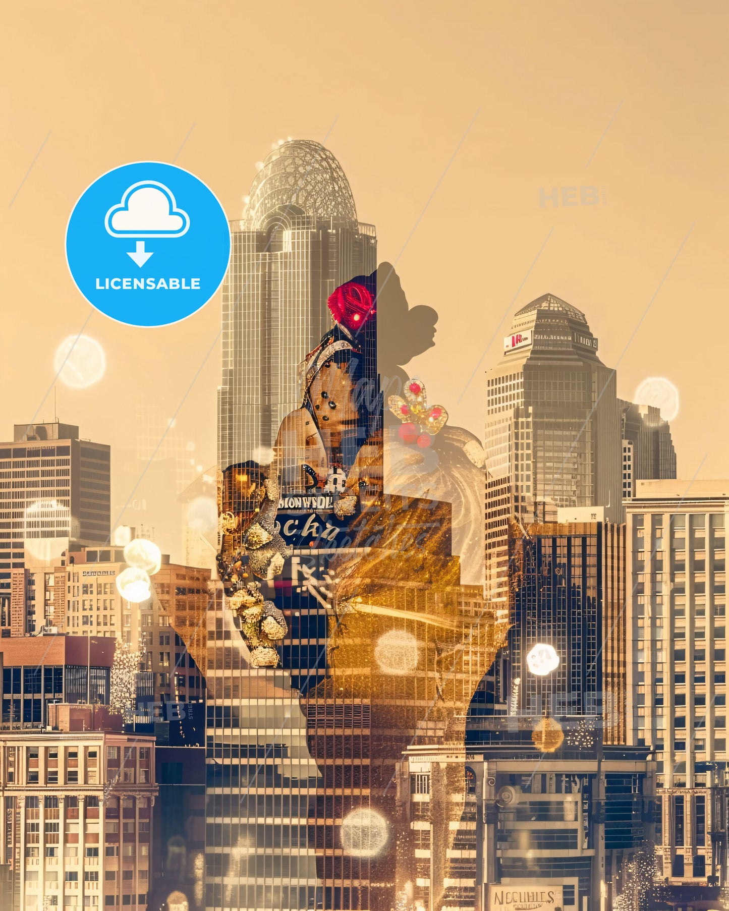 Cincinnati Skyline Double Exposure Cityscape Artwork - A city with a statue and buildings