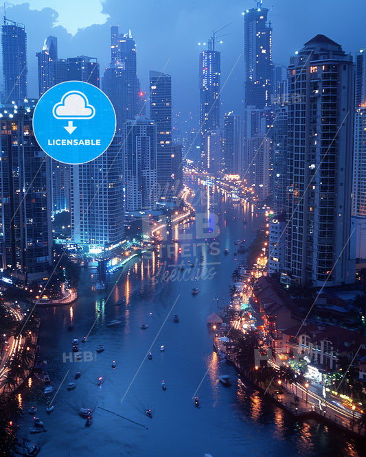 Chicago: Nightfall over the Windy City - A river with boats on it and buildings in the background