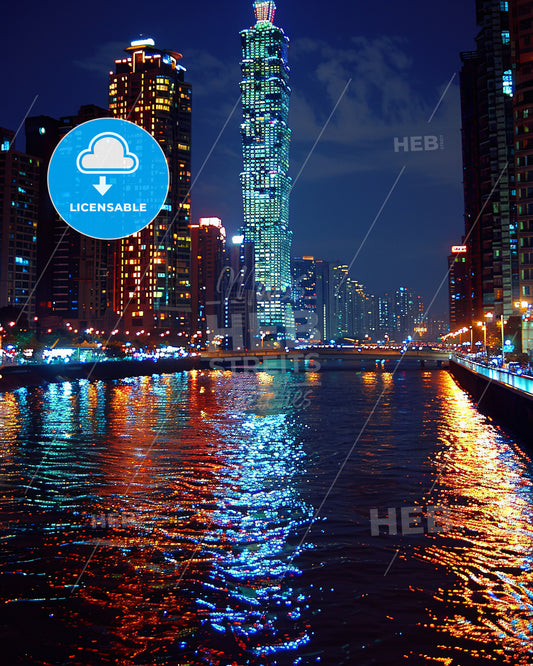 City Skyline Glows Over Sparkling River - A city skyline with lights reflecting on water