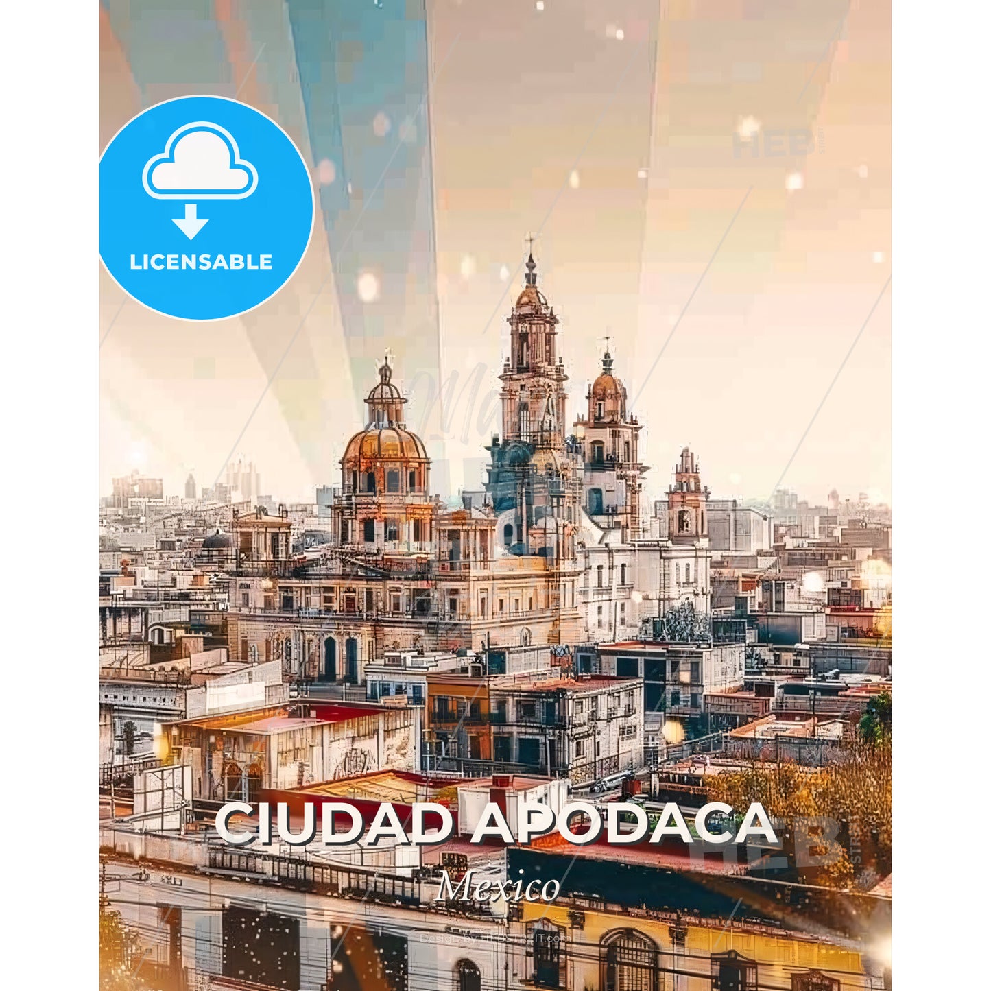 Apodaca Cityscape Panorama Beige Sparks - A city with many buildings - Square format print template