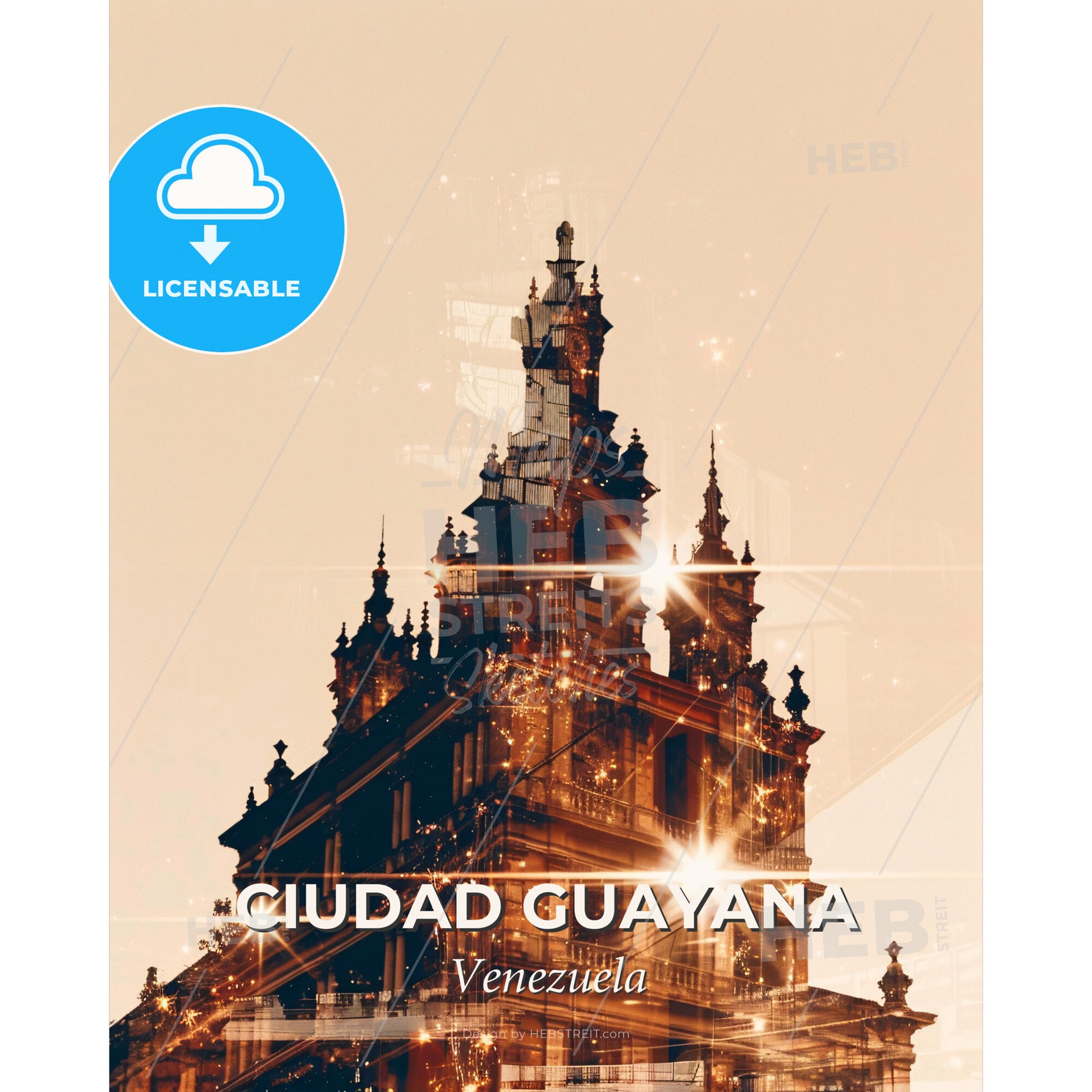 Ciudad Guayana: City Skyline Double Exposure Art - A building with a tower - Square format print template