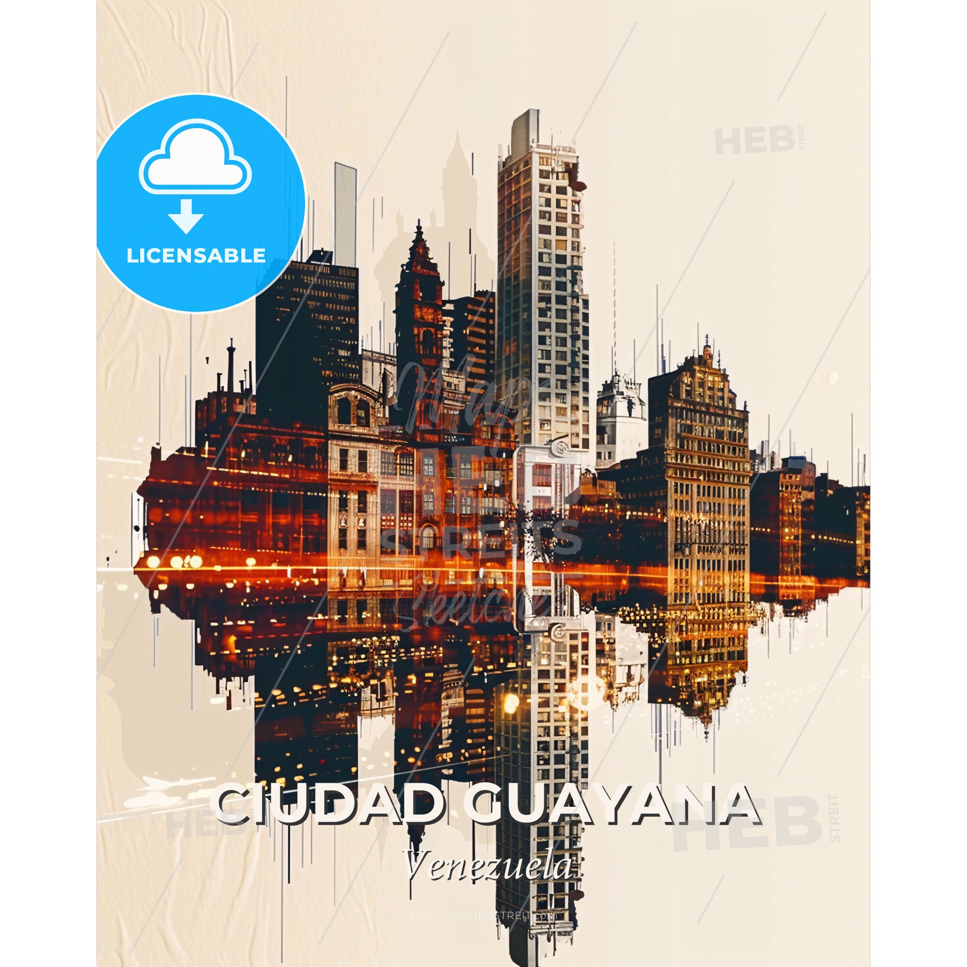 Ciudad Guayana: Double Exposure Skyline Composite - A city skyline with buildings reflected in water - Square format print template
