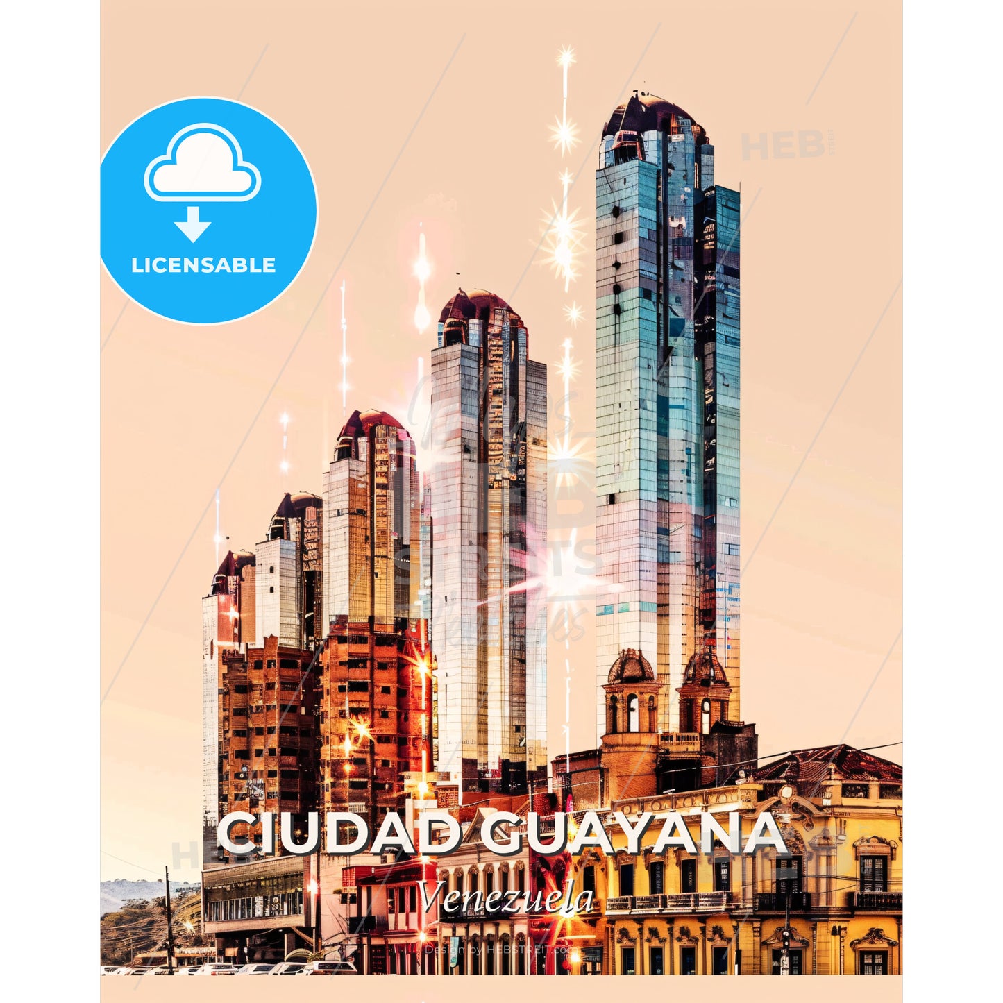 Ciudad Guayana Architectural Beauty in Beige - A group of tall buildings with lights - Square format print template