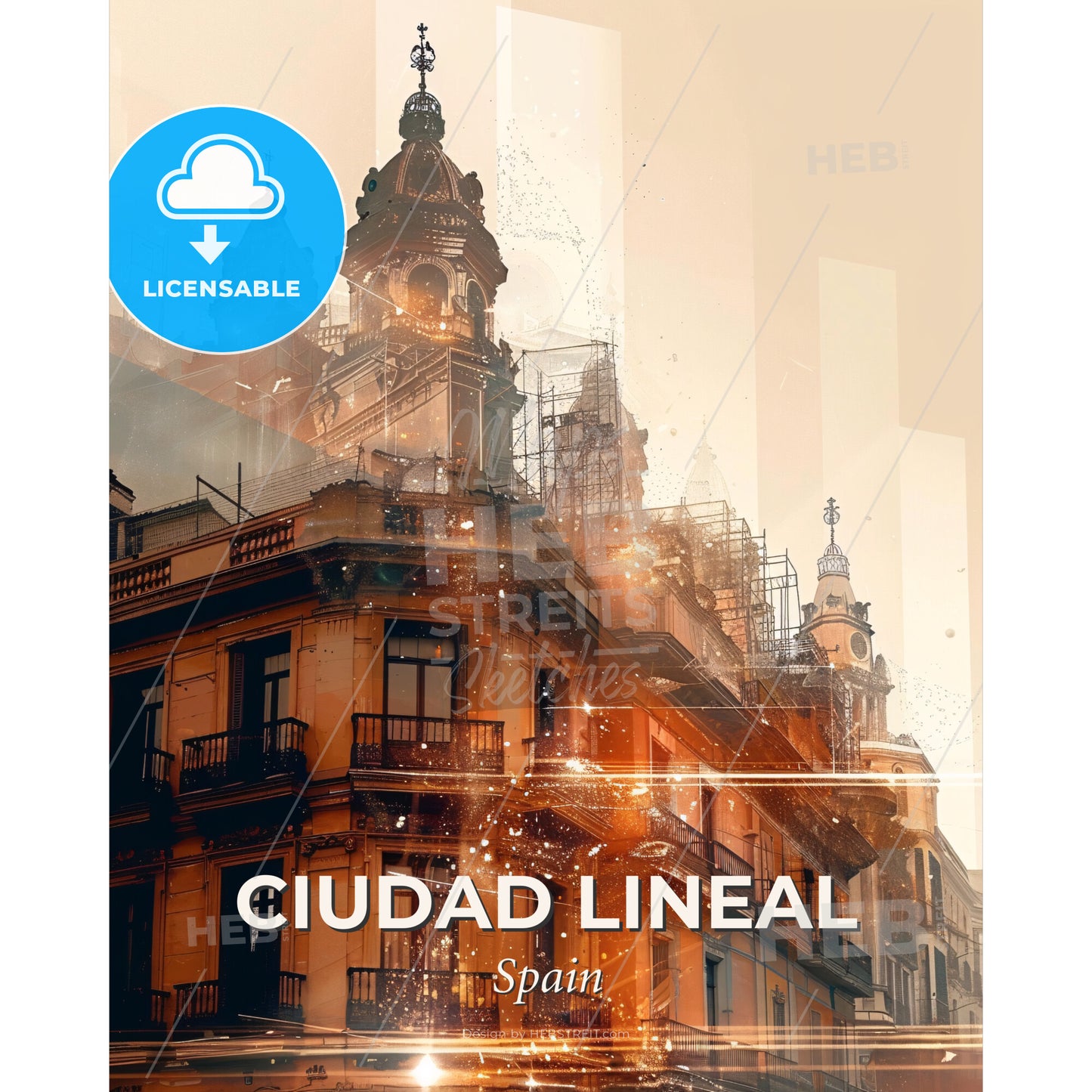 Ciudad Lineal's Skyline Sparkles on Beige - A building with scaffolding on top - Square format print template