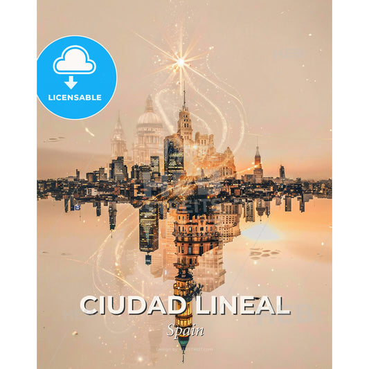 Ciudad Lineal City Symphony Skyline Poster Art - A city with a reflection of a star - Square format print template
