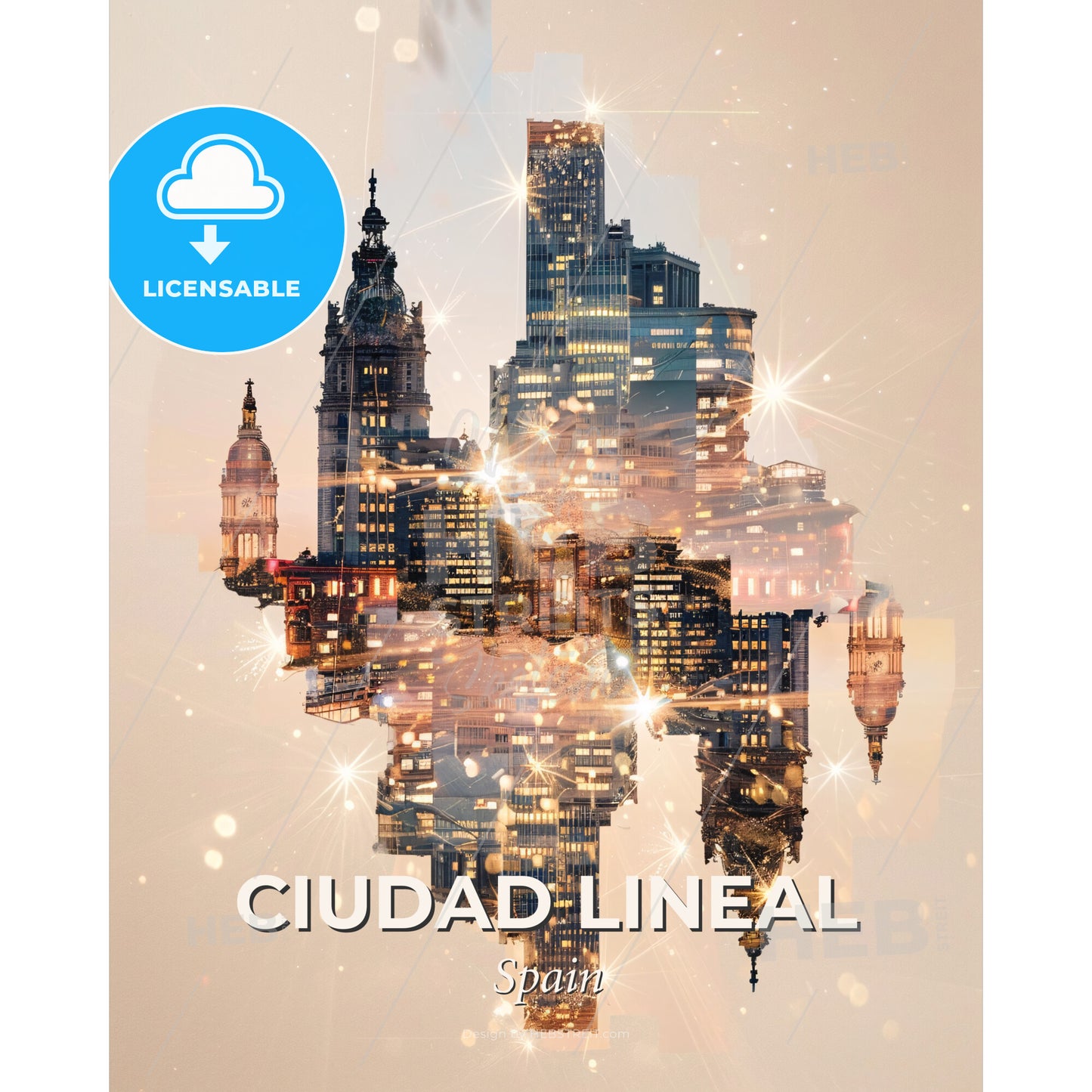 Ciudad Lineal: Double Exposure Composite Art - A city skyline with lights - Square format print template