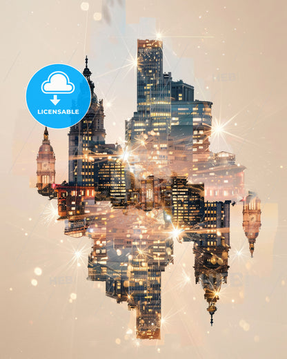 Ciudad Lineal: Double Exposure Composite Art - A city skyline with lights