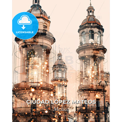 Ciudad Lopez Mateos Skyline Art Poster - A group of towers with lights - Square format print template