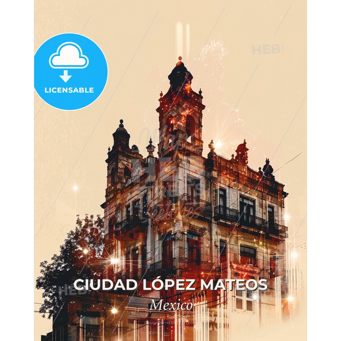 Ciudad López Mateos: Lights and Architecture Poster - A building with a tower and a tree - Square format print template