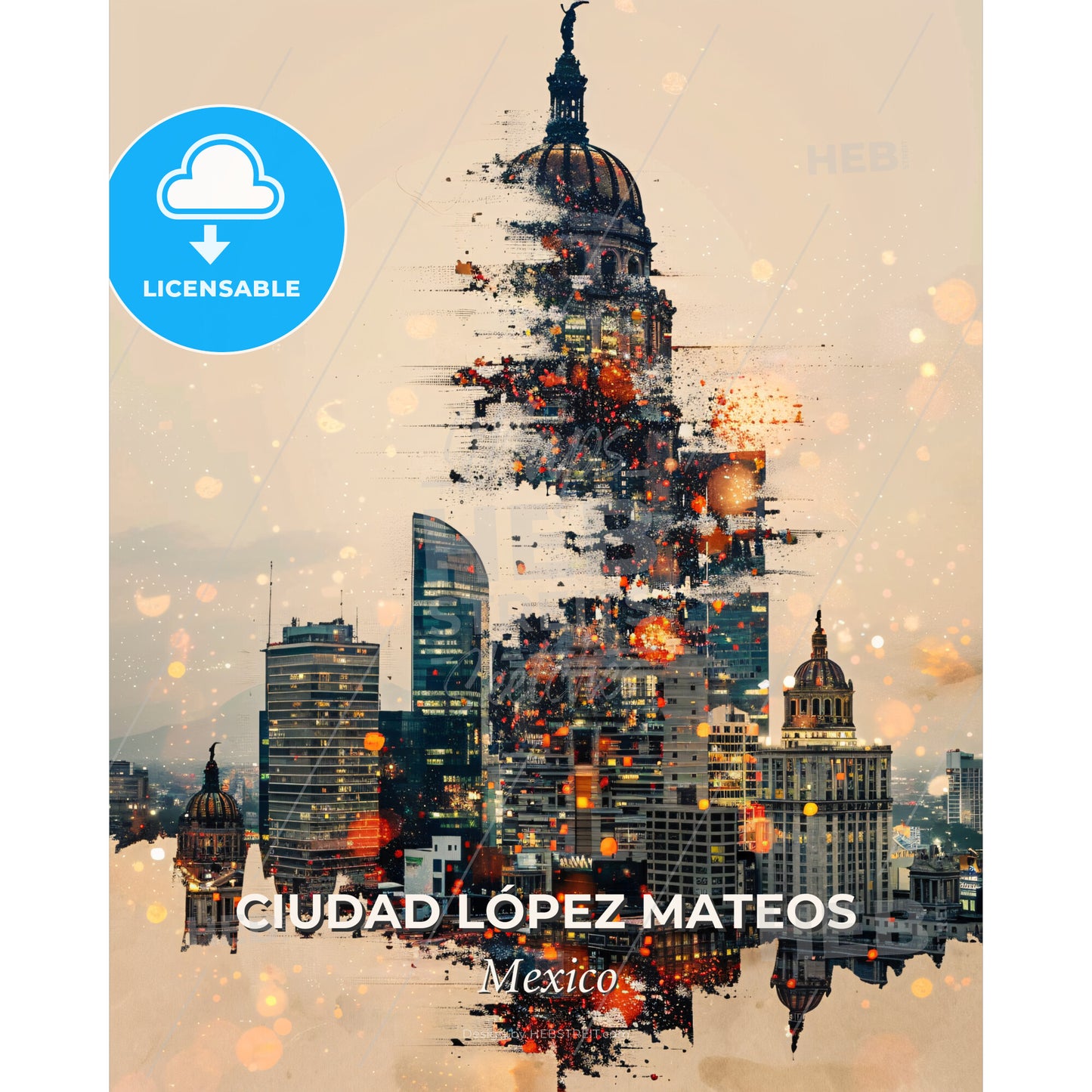 Ciudad Lopez Mateos Cityscape Artwork with Architectural Icons - A city skyline with a large dome and a tower - Square format print template
