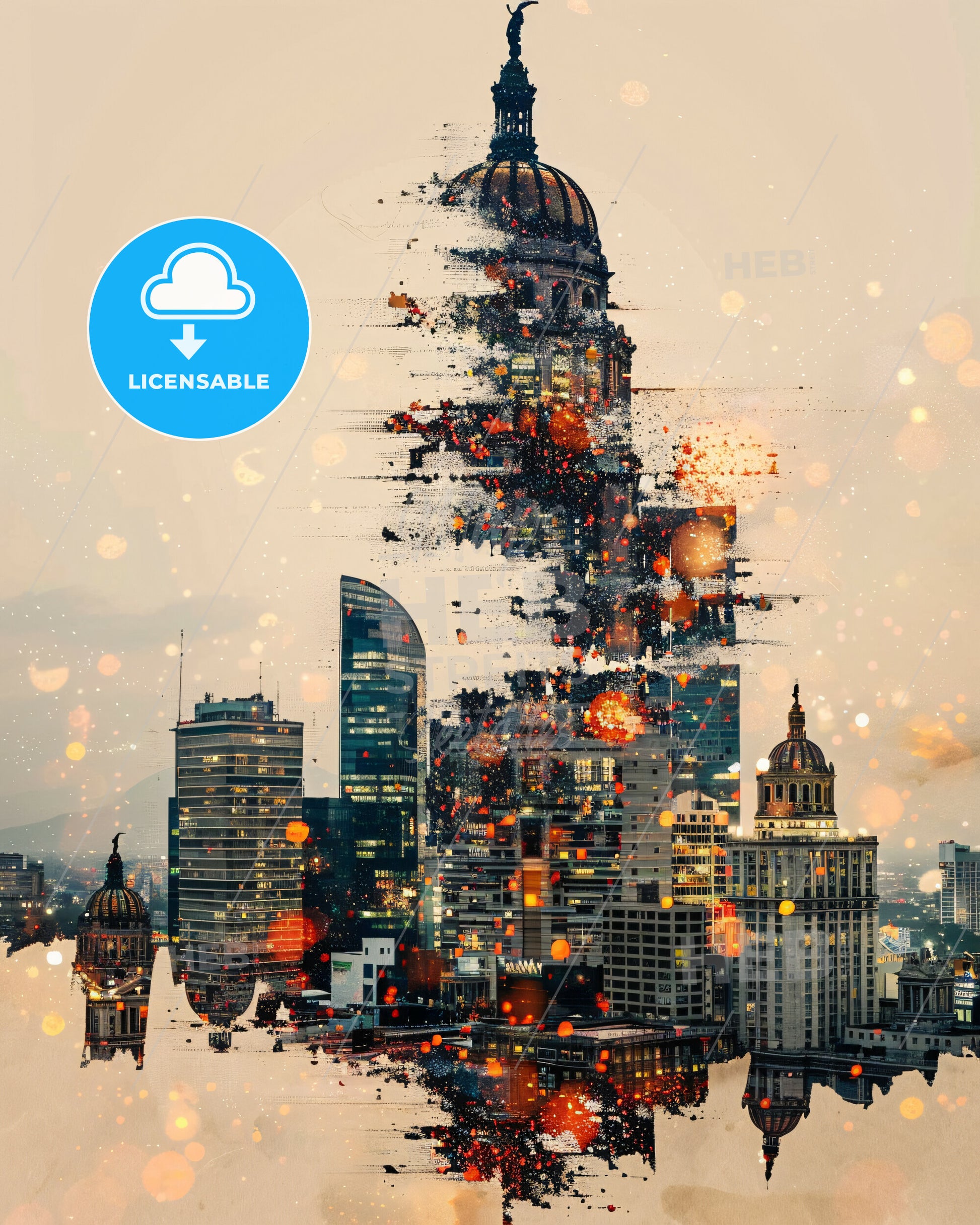 Ciudad Lopez Mateos Cityscape Artwork with Architectural Icons - A city skyline with a large dome and a tower