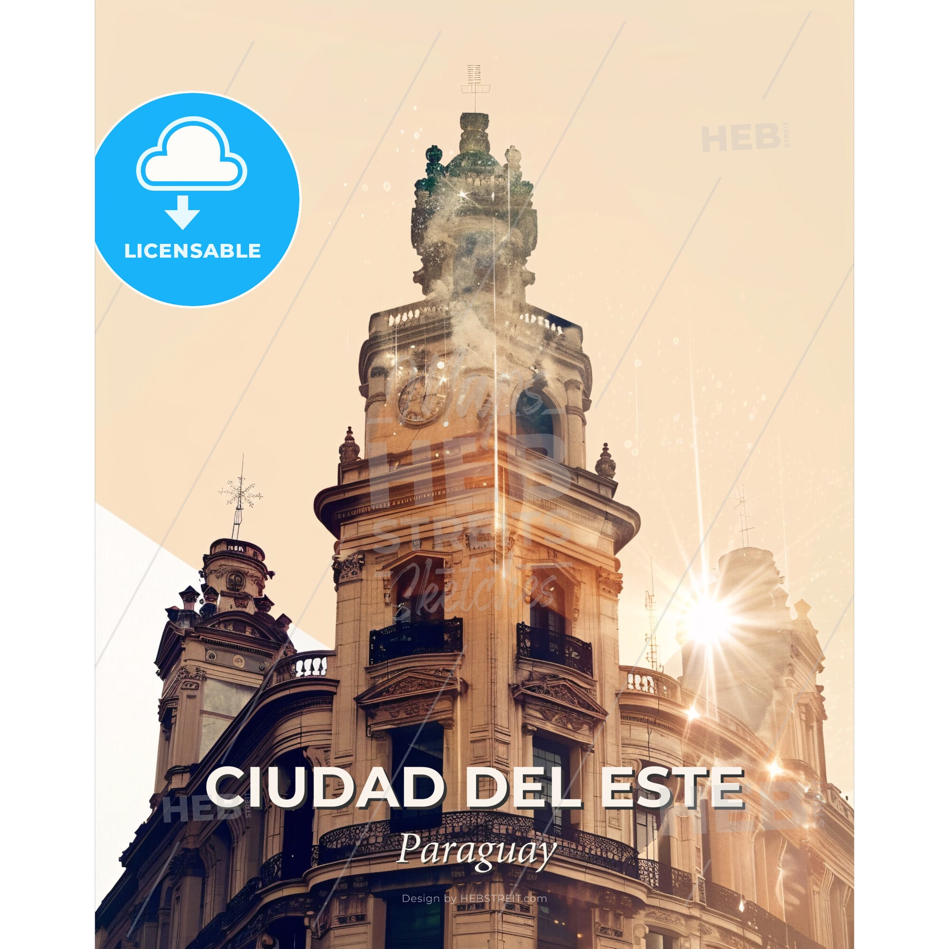 Ciudad del Este Skyline Double Exposure Composite Art - A building with a clock on top - Square format print template