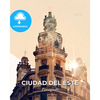 Ciudad del Este Skyline Double Exposure Composite Art - A building with a clock on top - Square format print template