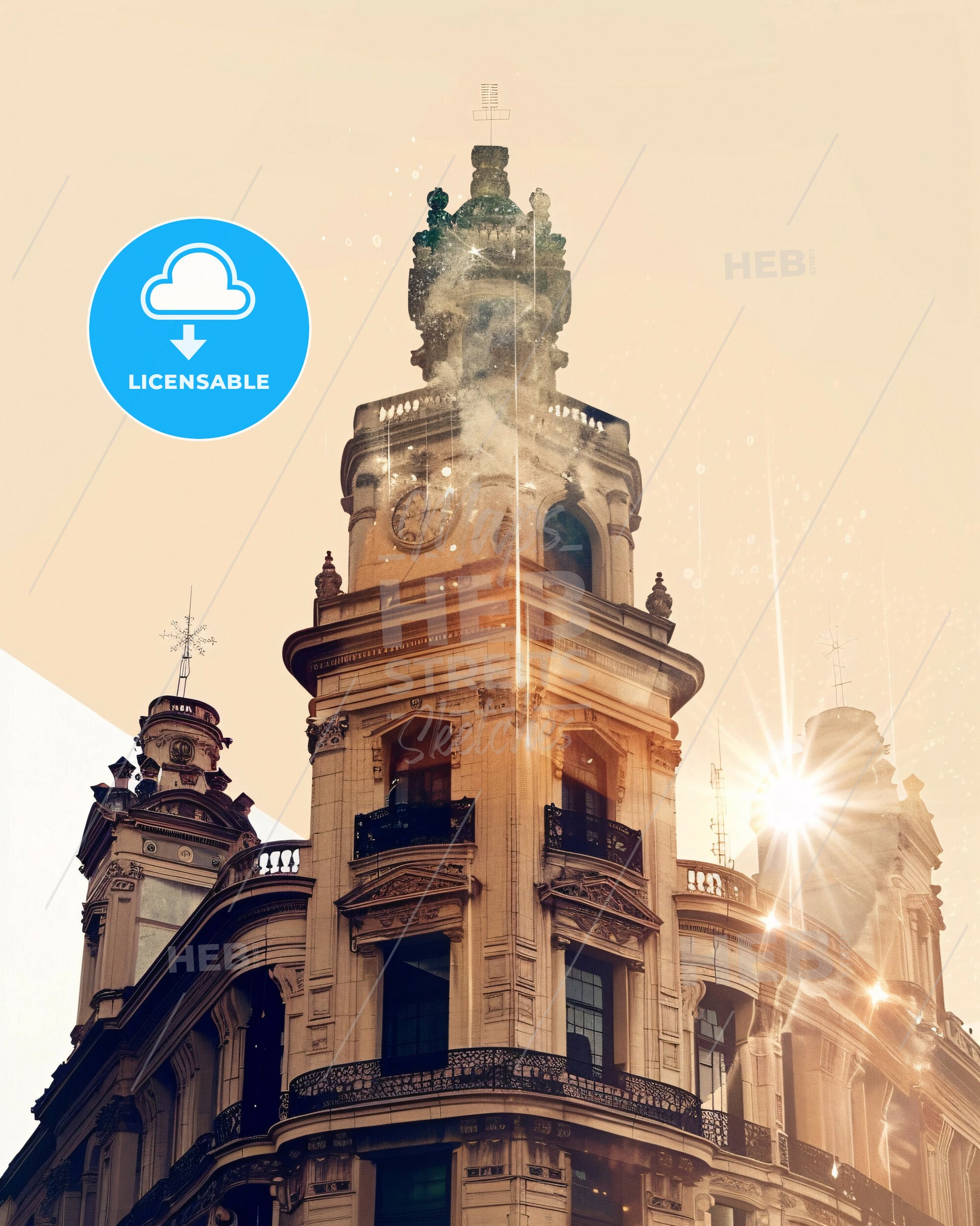 Ciudad del Este Skyline Double Exposure Composite Art - A building with a clock on top