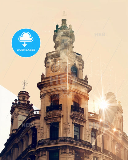 Ciudad del Este Skyline Double Exposure Composite Art - A building with a clock on top