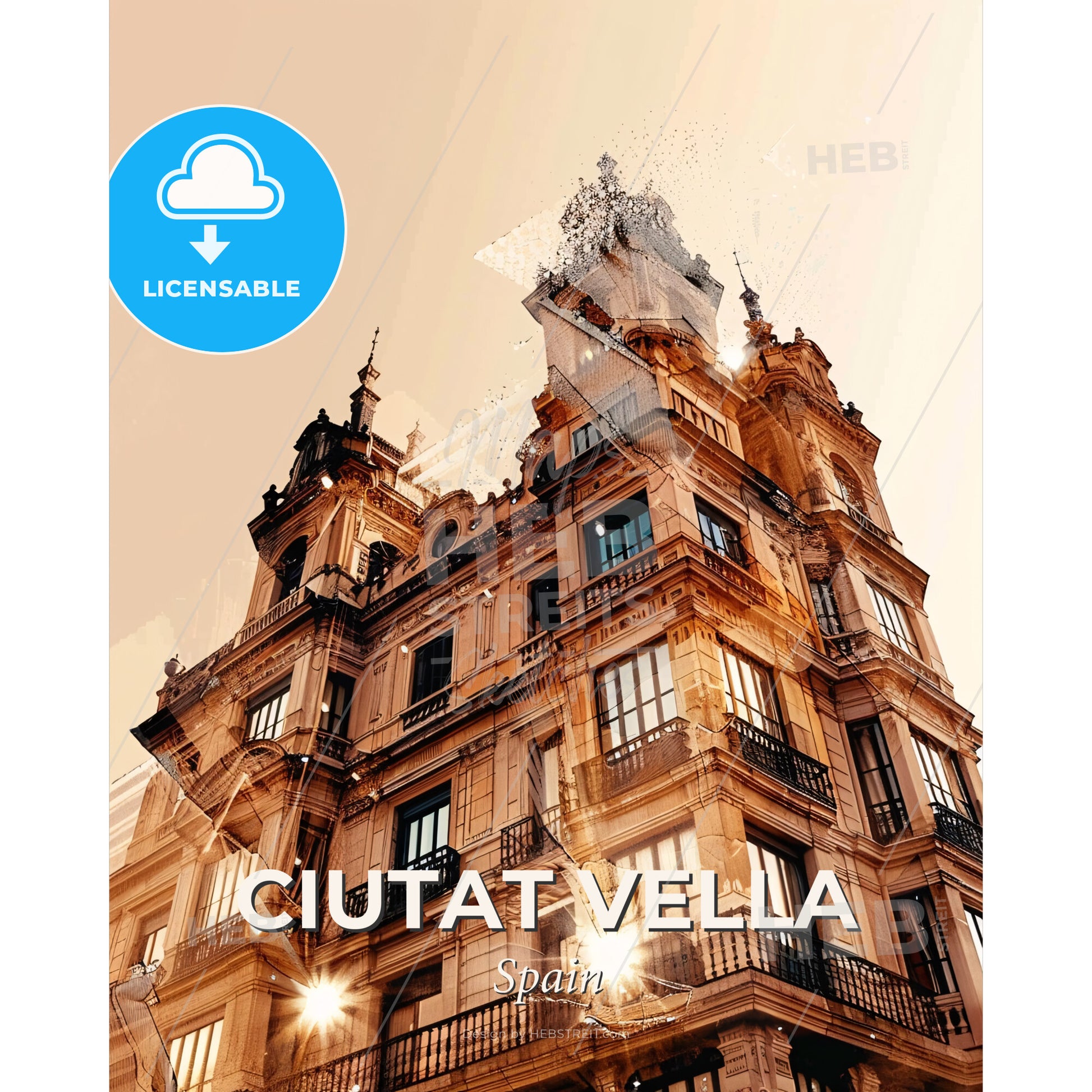 Ciutat Vella City Skyline Double Exposure Poster - A building with a tower - Square format print template