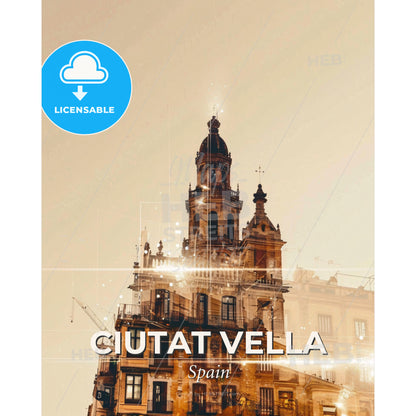 Ciutat Vella Skyline Double Exposure Art Print - A building with a tower - Square format print template