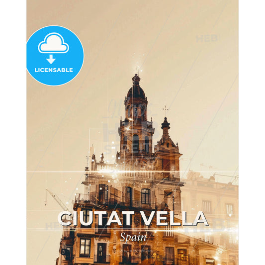 Ciutat Vella Skyline Double Exposure Art Print - A building with a tower - Square format print template