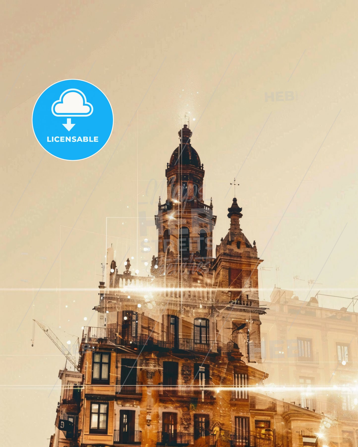 Ciutat Vella Skyline Double Exposure Art Print - A building with a tower