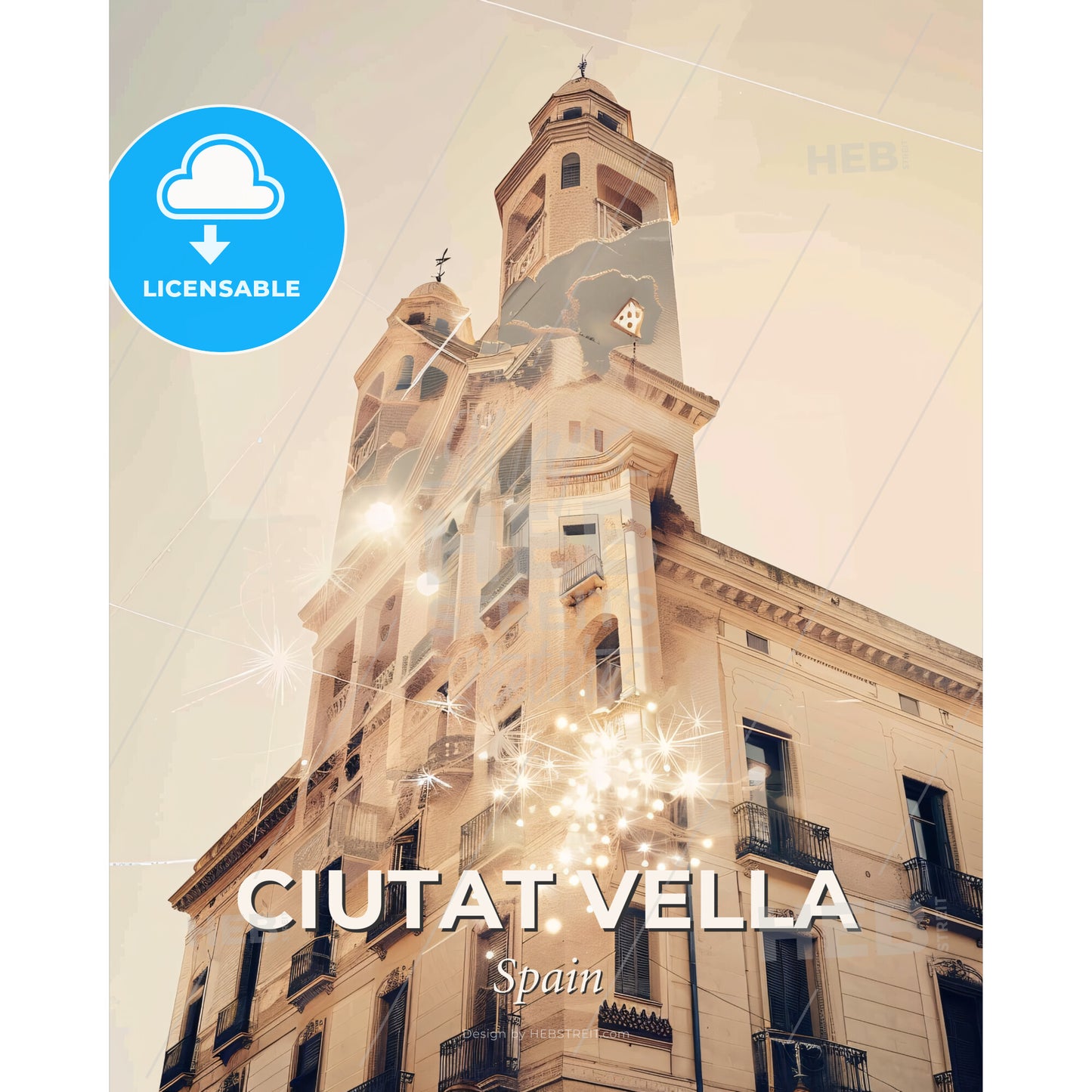 Barcelona City Skyline Double Exposure Poster Art - A building with a tower - Square format print template