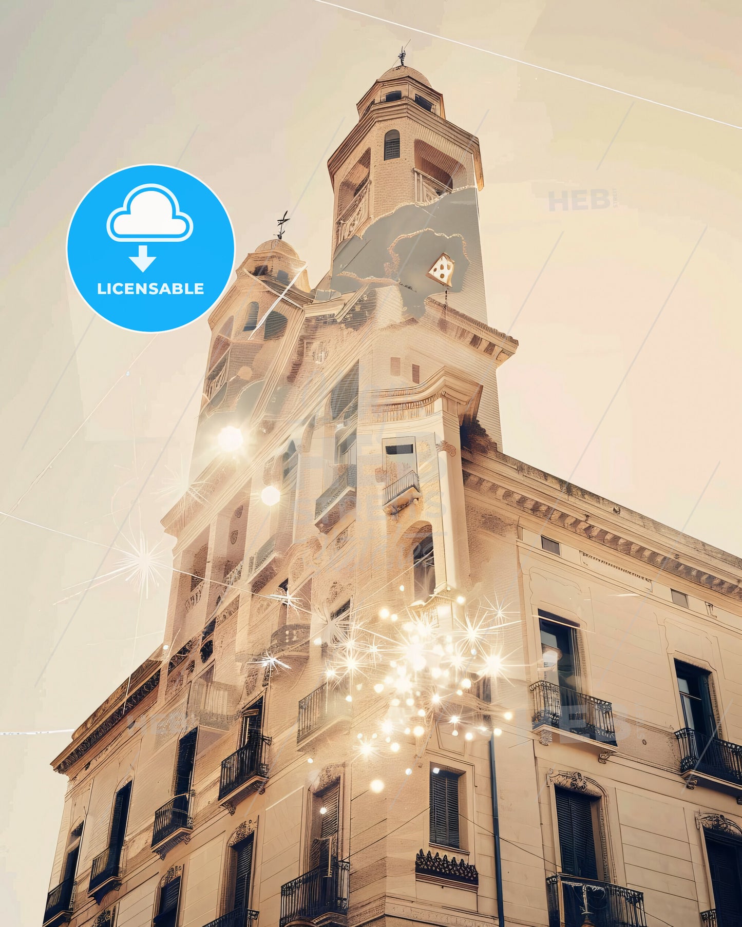 Barcelona City Skyline Double Exposure Poster Art - A building with a tower