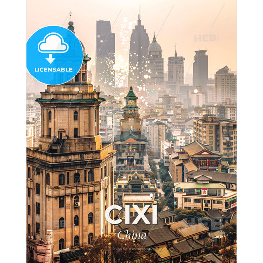 Cixi City Skyline Composite Art Poster - A city with tall buildings and fireworks - Square format print template