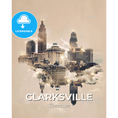 Clarksville: Double Exposure Cityscape Art - A city in the clouds - Square format print template