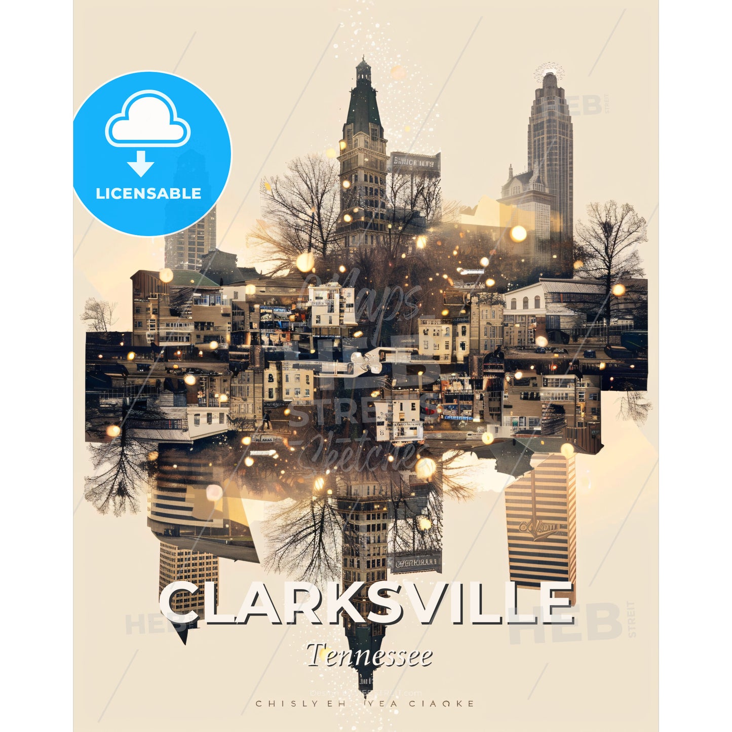Clarksville Cityscape Sparkle Poster - A city with many buildings - Square format print template