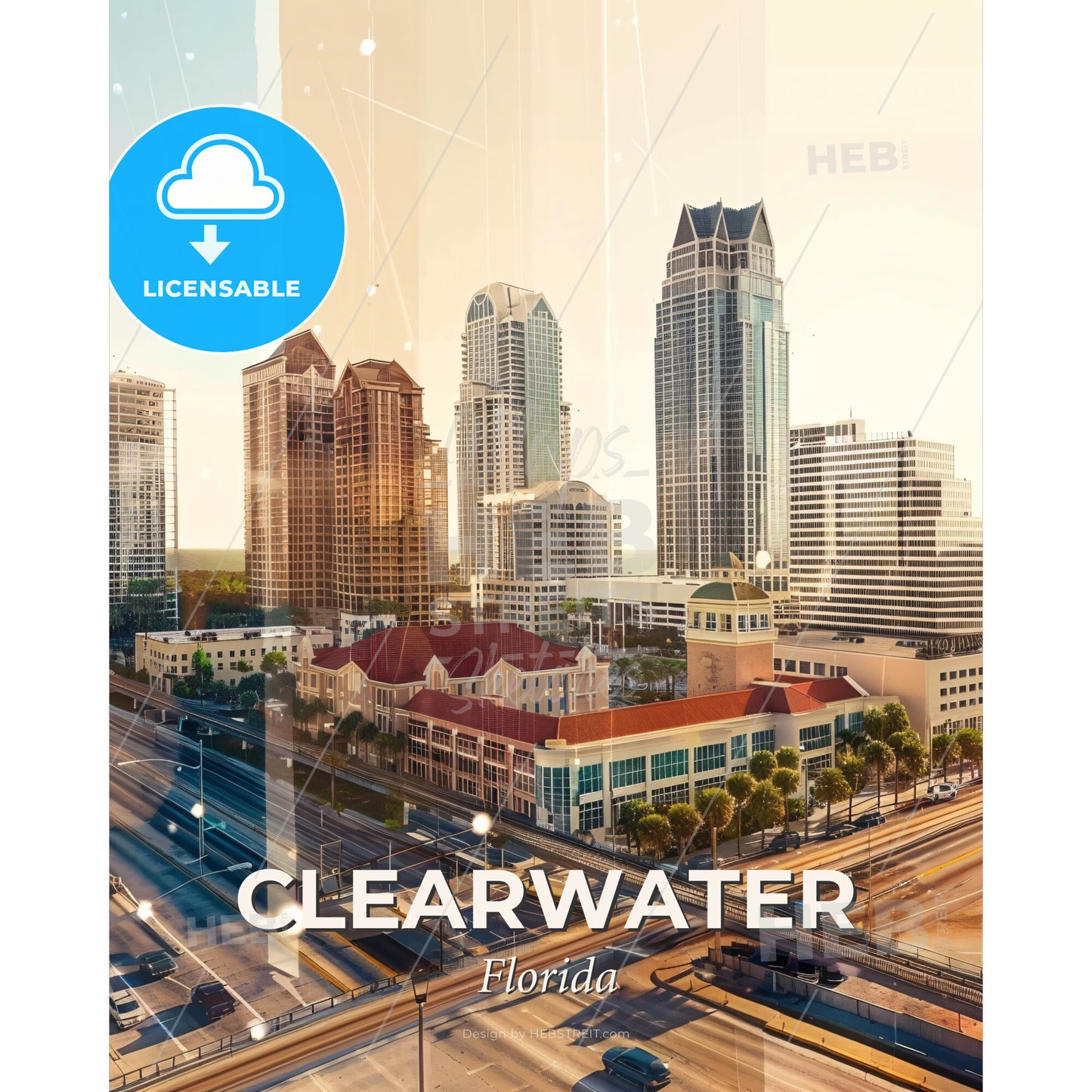 Clearwater Skyline - Unique Cityscape Illustration - A city with many tall buildings - Square format print template